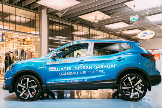Vilnius, Lithuania - September 21, 2017: Blue color compact crossover SUV Car Nissan Qashqai In Hall Of Shopping Center. SUV produced by the Japanese car manufacturer Nissan since 2006