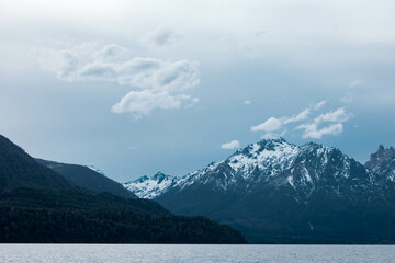 typical blue landscape of lake and mountains in bariloche argentina 