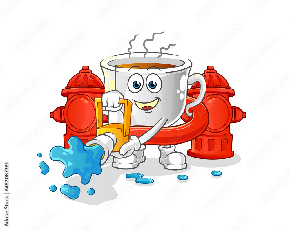 Poster tea cup firefighter vector. cartoon character