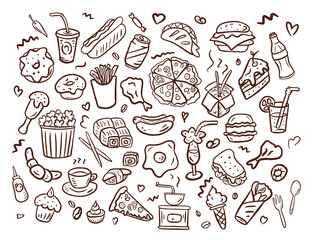 Set of fast food icons hand drawn in the doodle style.Vector illustration .Different types of fast food hand made.Brown lines on the white background.	