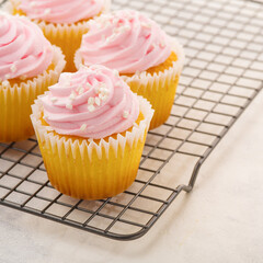 Beautifully decorated with pink cream cupcakes on a metal grill. White background. Close-up. Restaurant, hotel, cafe, culinary blog, instagram. Color image.