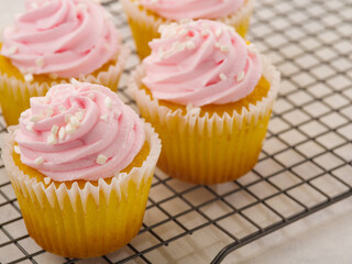 macro photography. Cupcakes with cream on a metal grill. White background. Sweet food, calories, carbohydrates, unhealthy food. Holiday, surprise, congratulations, advertising.