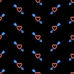 heart arrow seamless pattern, bright vector illustration on black background.