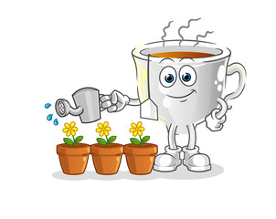 tea cup watering the flowers mascot. cartoon vector