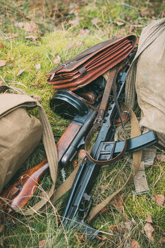 Old Soviet Russian Red Army Submachine Gun PPS-43 Of World War II Lying In Grass.
