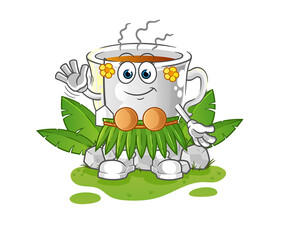 tea cup hawaiian waving character. cartoon mascot vector