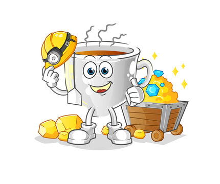 recommend clip art: tea cup miner with gold character. cartoon mascot vector