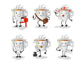 Obraz premium tea cup postman set character. cartoon mascot vector