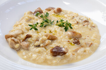 risotto with porcini mushrooms on white plate on wooden table - 482091157