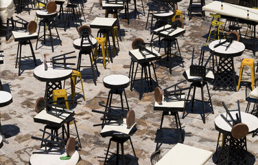 Tables and chairs of the closed restaurant