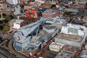 National WWII museum in New Orleans from above, a helicopter view. Louisiana, January 2022