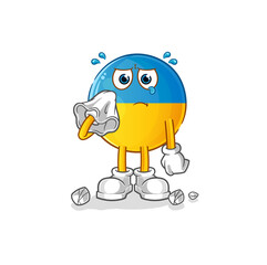 ukraine flag cry with a tissue. cartoon mascot vector