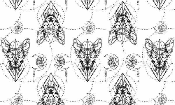 Sphinx cat tattoo pattern seamless. Banner with cat, moon and lotus tattoo. Seamless trending background. black ink tattoo. bald graphic cat, geometric shapes. pattern and banner included