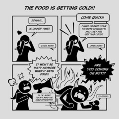 Funny comic strip. The food is getting cold. Mother calling her son to eat food, but kid kept saying later. Woman got angry and turned into monster. Comic depicts tolerant and intolerant.