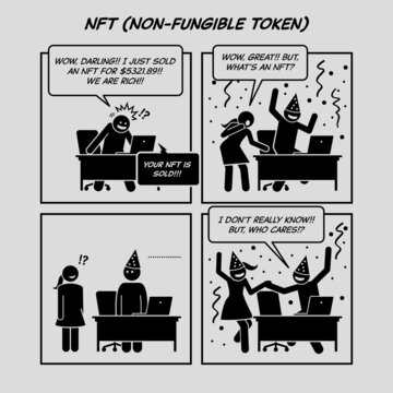 Funny comic strip. NFT Non-fungible Token. Man successfully selling an NFT and feeling rich but does not know what is NFT. Comic depicts Internet technology, happiness, online selling, and earnings.
