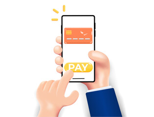 Online pay on smart phone. 3d cartoon hand with smartphone.