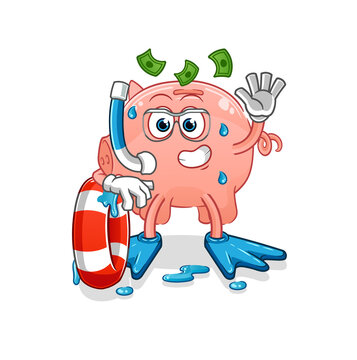 piggy bank swimmer with buoy mascot. cartoon vector