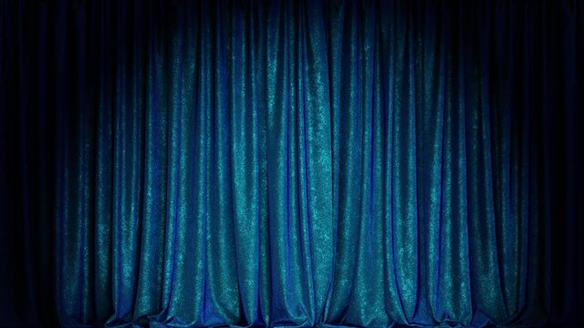 Realistic 3D animation of the luxurious and fancy blue textured velvet show stage curtain rendered in UHD with alpha matte