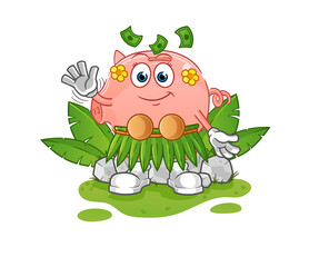 piggy bank hawaiian waving character. cartoon mascot vector