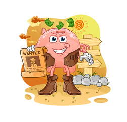 piggy bank cowboy with wanted paper. cartoon mascot vector