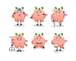 piggy bank sick group character. cartoon mascot vector