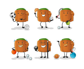 wallet sport set character. cartoon mascot vector