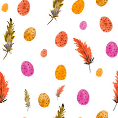 Modern greeting card for print design. Background hand drawing. Colorful seamless pattern with spring easter concept. Easter watercolor pattern with boho and eggs isolated on white background.