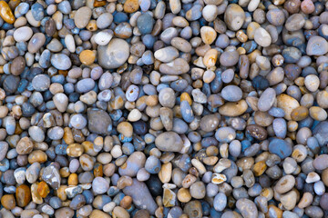 Hunderds of Seaside Stones, different colors. Beautiful textured background, sea pebble stones closeup. 
