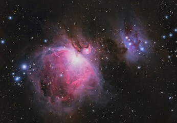 The Orion Nebula (Messier 42) and the Running Man Nebula (NGC 1977)
photographed with an apochromatic refractor - obrazy, fototapety, plakaty