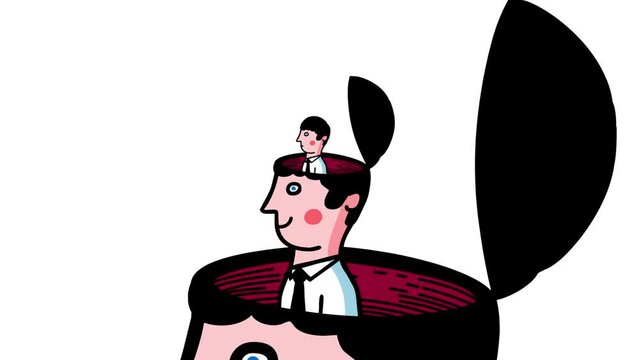 Loop of cartoon one man in another head animation. Nesting people with opening heads. Seamless loop neverending. Sharing idea, dependence, relationship. Matryoshka doll similar theme.