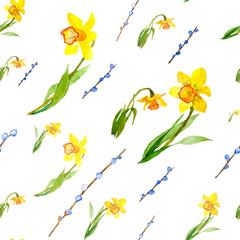 Watercolor field flowers. Spring yellow flowers with green leaves. Pattern realistic botanical illustration for Easter design.