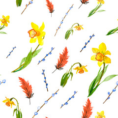 Watercolor field flowers. Spring yellow flowers with green leaves. Pattern realistic botanical illustration for Easter design.