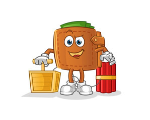 wallet holding dynamite detonator. cartoon mascot vector