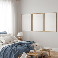 Fototapeta na wymiar Eco Friendly interior style. Bedroom room. Frame mockup. Poster mockup. 3d rendering, 3d illustration