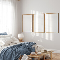 Sunny interior. Bedroom room. Frame mockup. Poster mockup. 3d rendering, 3d illustration