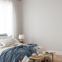 Fototapeta na wymiar Eco Friendly interior style. Bedroom room. Wall mockup. Wall art. 3d rendering, 3d illustration