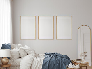 Eco Friendly interior style. Bedroom room. Frame mockup. Poster mockup. 3d rendering, 3d illustration - 482099372