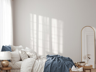 Sunny interior. Bedroom room. Wall mockup. Wall art. 3d rendering, 3d illustration