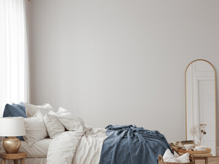 Eco Friendly interior style. Bedroom room. Wall mockup. Wall art. 3d rendering, 3d illustration
