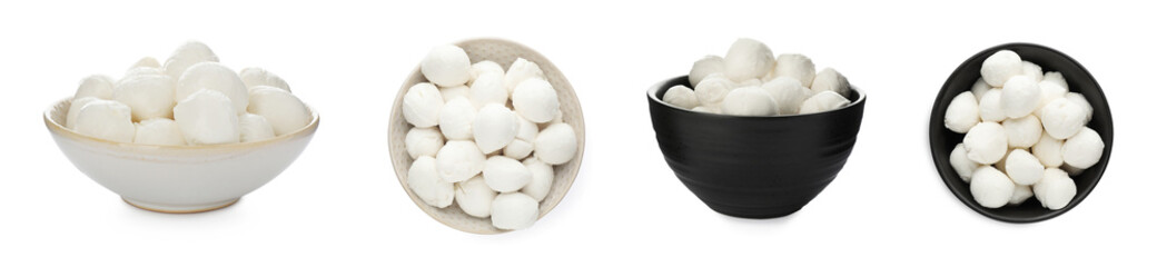 Set with tasty mozzarella on white background. Banner design