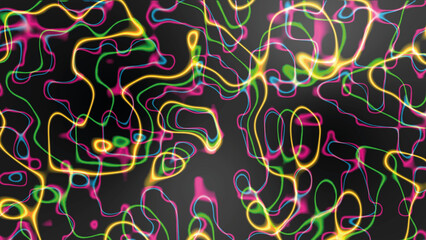 Abstract neon background. Pattern rainbow chaotic circle, glowing lines. Sparkling lightning design, space tunnel, energy flow. Artificial intelligence. Smoke rings. Poster technology, social networks