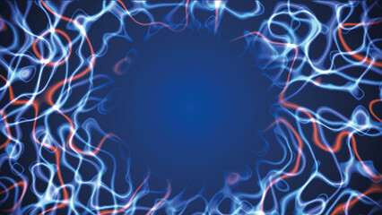Neon background frame. Design of chaotic circles, glowing lines. Texture of sparkling lightning, space tunnel, energy flows. Artificial intelligence. Smoke rings. Poster for technology, medicine. 