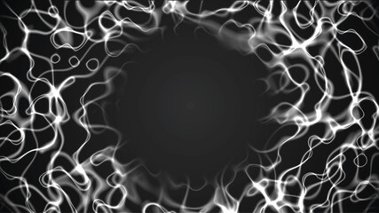 Neon background frame. Design of chaotic circles, glowing lines. Texture of sparkling lightning, space tunnel, energy flows. Artificial intelligence. Smoke rings. Poster for technology, medicine. 