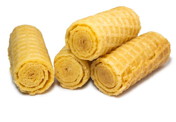 Wafer rolls. Confectionery. Cookies for tea. Variety of waffles. Product with stuffing inside.