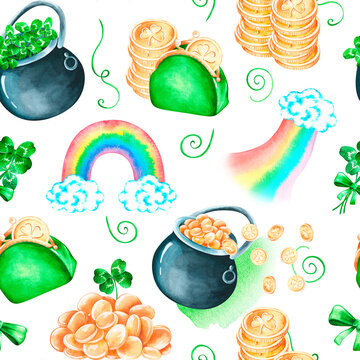St. Patrick's Day. Seamless pattern. Watercolor illustration. Isolated on a white background