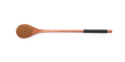 Wooden spoon with nutmeg powder on white background, top view