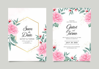 Beautiful wedding invitations set with pink rose flower decoration green leaves