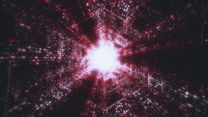 Big Data Technology red Tunnel, Digital red hexagon tube, Information Flow, Futuristic Matrix. Particle network with binary code. Technological and related motion background. Seamless loop 3D render