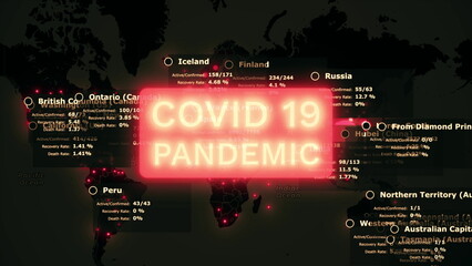 Omicron covid Global coronavirus COVID-19 pandemic map with red pinpoints of infected cities with health statistics data on black mainlands. Epidemic concept 3d rendering animation background in 4K