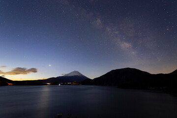 本栖湖から見る富士山に天の川と明けの明星が輝く